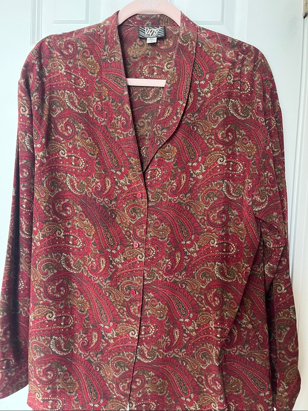 Vintage!! KGR 100% Silk Burgundy Red Paisley Button-Up Shirt. Size 8.